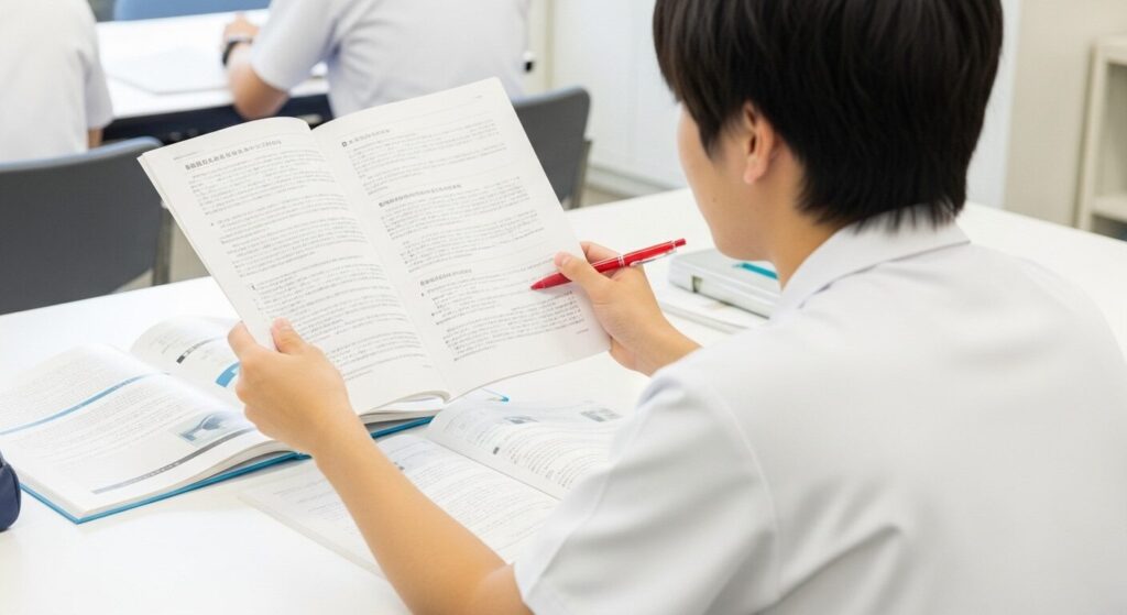 テキストを読み込む男子看護学生